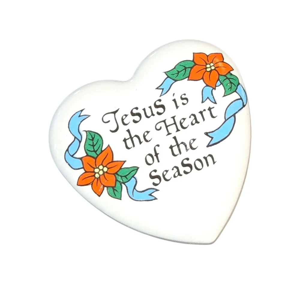 Jesus Is The‎ Heart Of The Season VTG White Poinsettia Accented Heart Shaped Pin